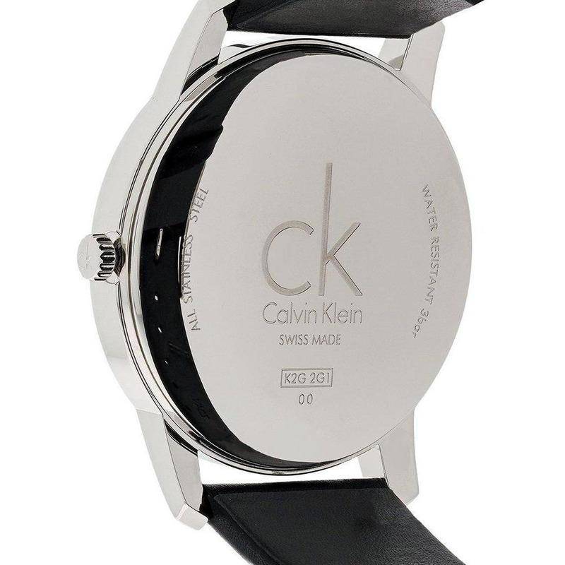 Calvin Klein Boost caseback showing stainless steel engraved with CK logo and Swiss made marking