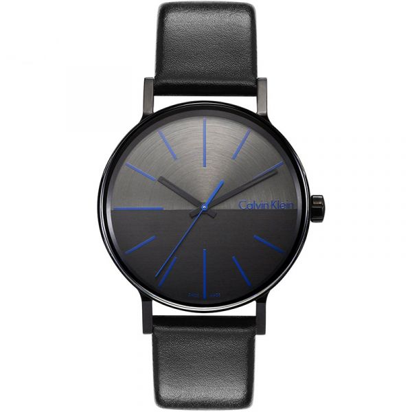 Front view of Calvin Klein Boost watch with minimalist black dial and blue accents