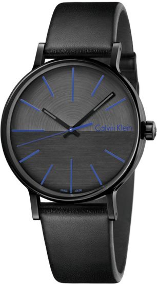 Calvin Klein Boost men's watch with black dial and blue accents on black leather strap