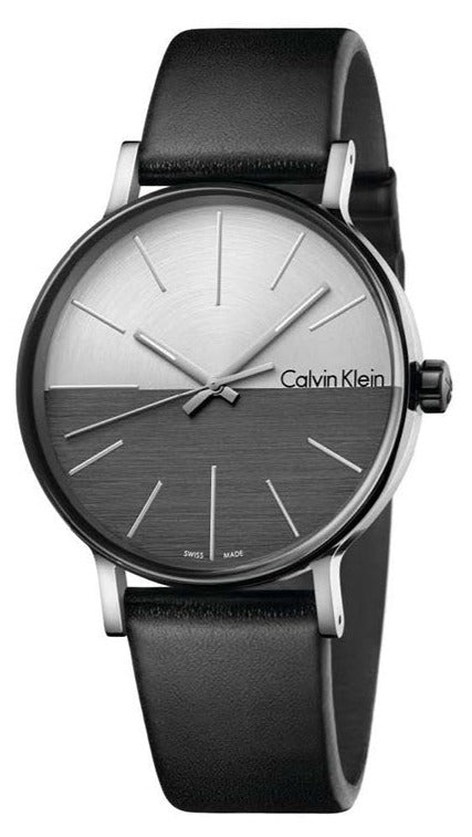 Calvin Klein Boost men's watch with split black and white dial and black leather strap