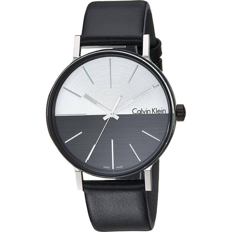 Calvin Klein Boost men's watch featuring contrasting dial design with black leather strap