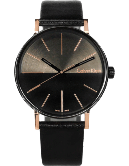 Calvin Klein Boost watch angled view showing black dial, rose gold accents, and black leather strap