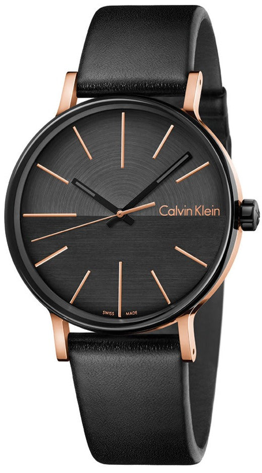 Calvin Klein Boost black men's watch with rose gold hour markers and hands, black leather strap