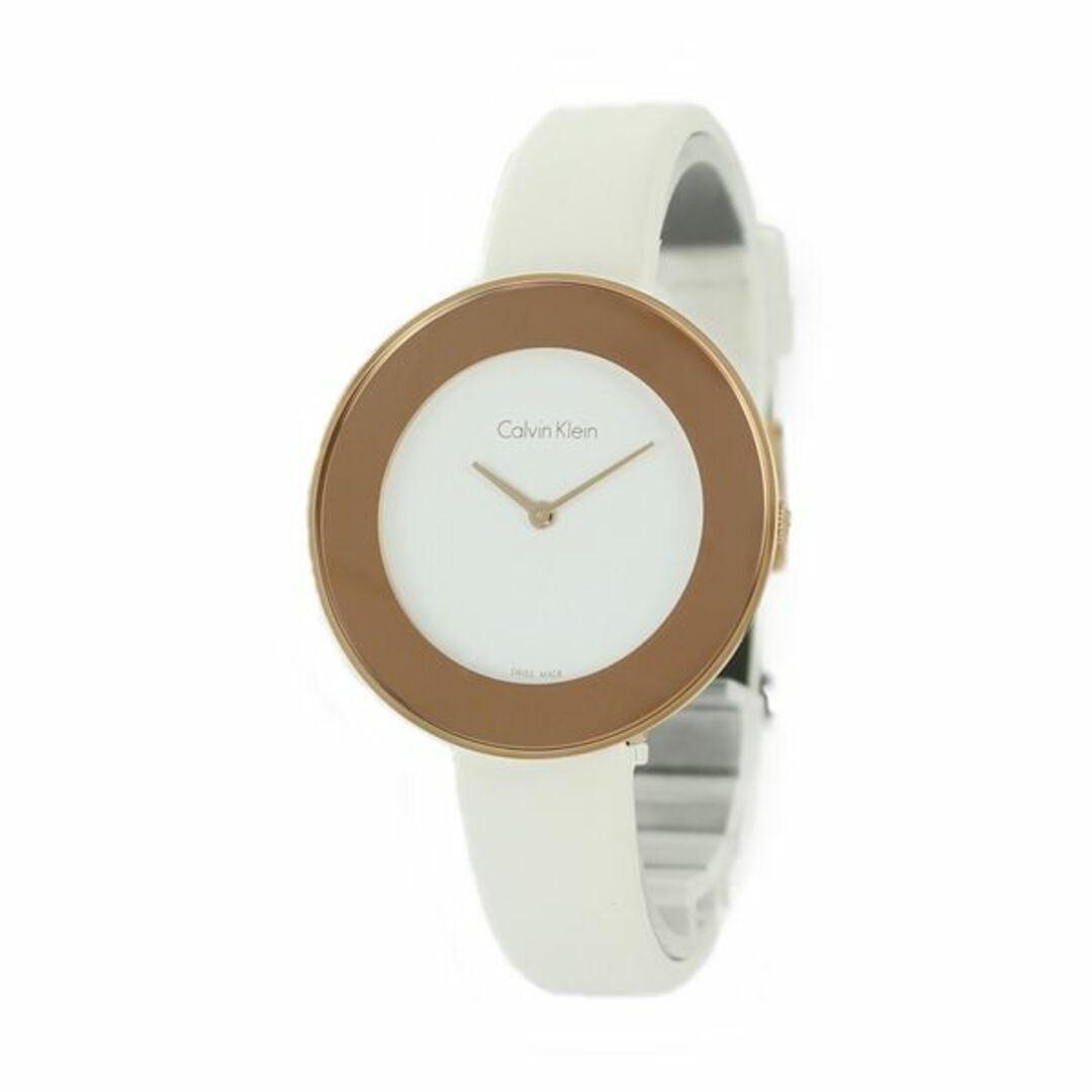 Calvin Klein Chic watch angled side view displaying rose gold case and white leather strap
