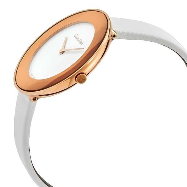 Three-quarter view of Calvin Klein Chic watch with rose gold bezel and white leather strap