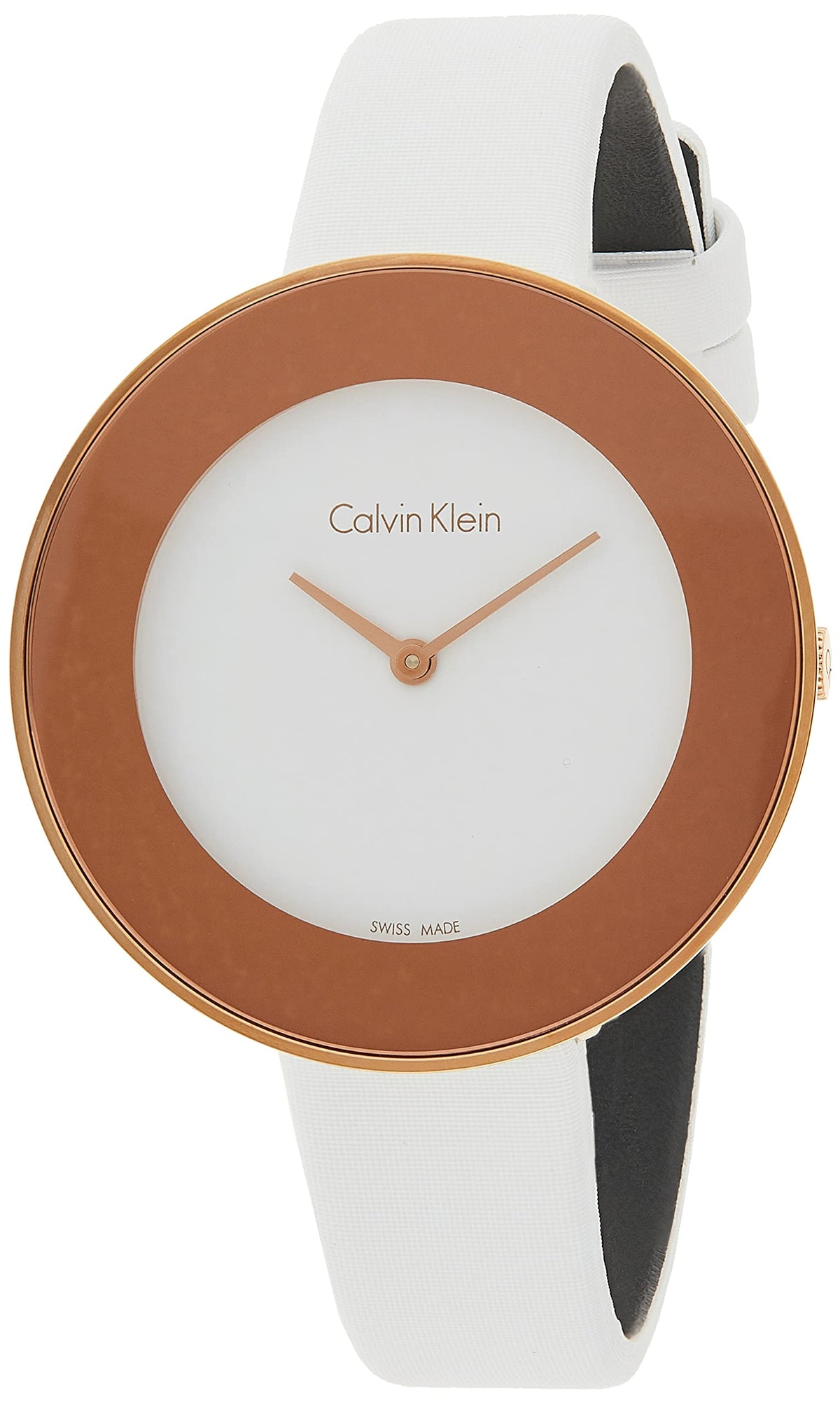 Calvin Klein Chic women's watch with rose gold bezel, white dial, and white leather strap