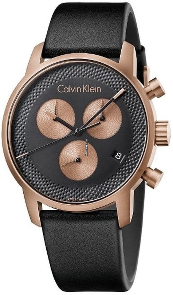 Calvin Klein City Chronograph with black dial, rose gold case, three copper subdials and black leather strap