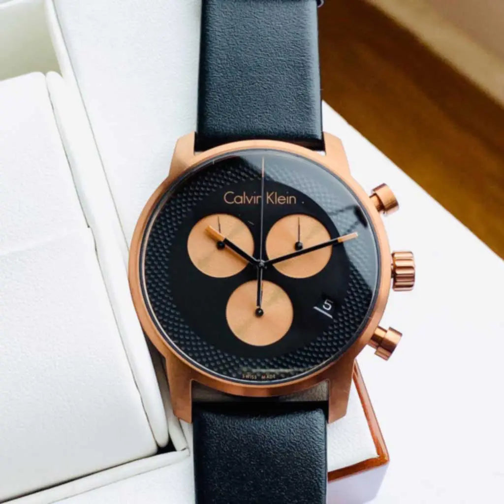Calvin Klein City Chronograph men's watch on wrist with black leather strap