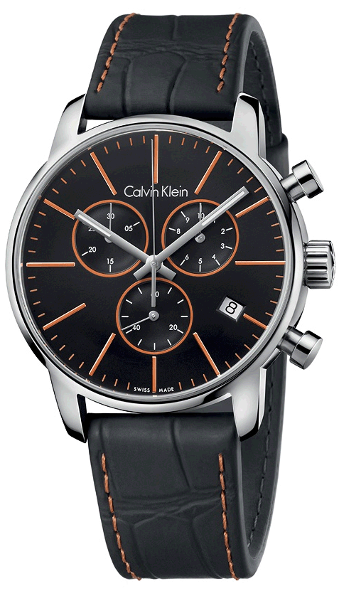 Calvin Klein City chronograph watch with black dial, orange indices, and black leather strap