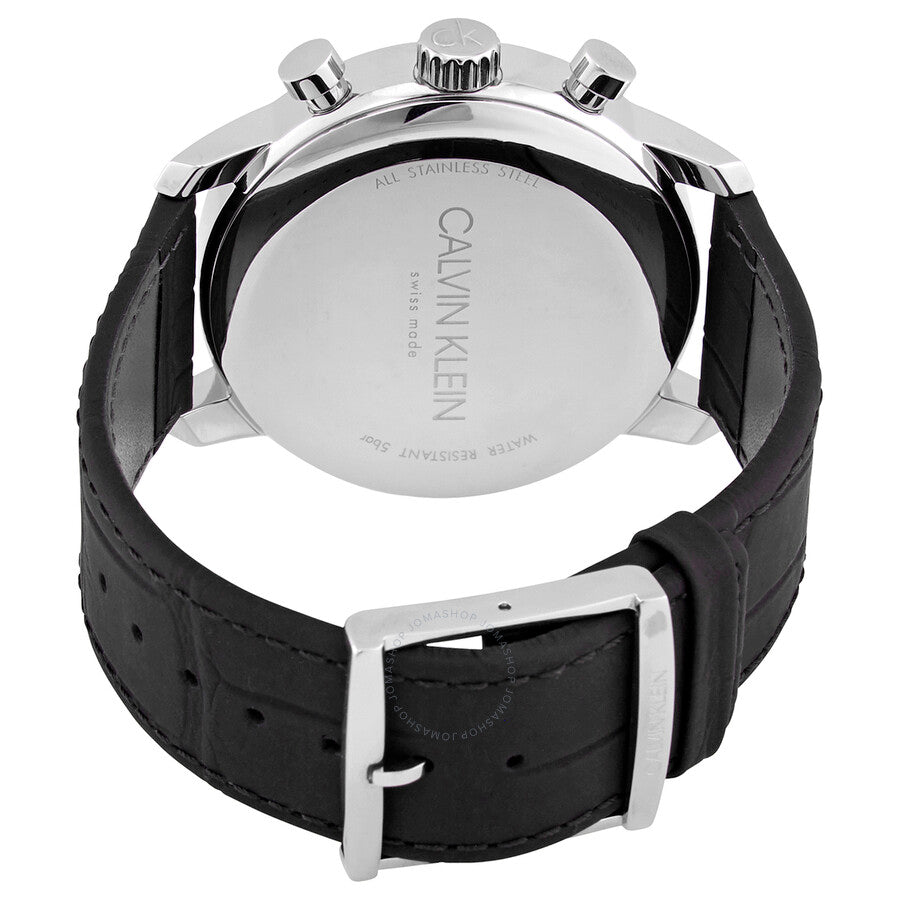 Calvin Klein City chronograph watch caseback showing engraved Calvin Klein branding and specifications