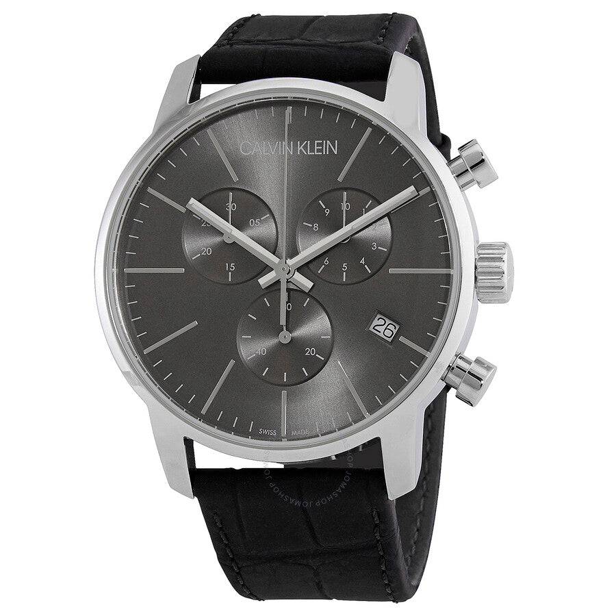 Calvin Klein City chronograph watch with black dial, stainless steel case, and black leather strap