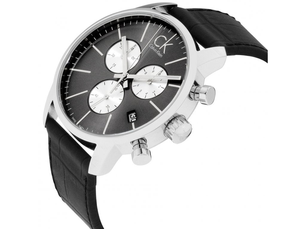 Side angle view of Calvin Klein City Chronograph chronograph watch with pushers visible