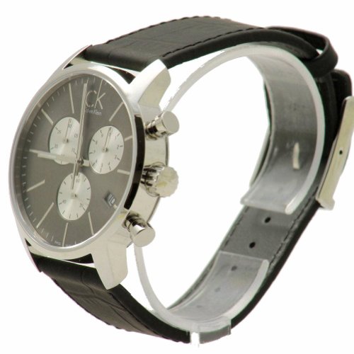 Three-quarter view of Calvin Klein City Chronograph with polished stainless steel case