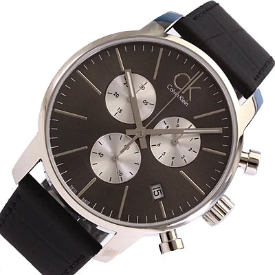 Angled view of Calvin Klein City Chronograph with stainless steel case and black leather strap