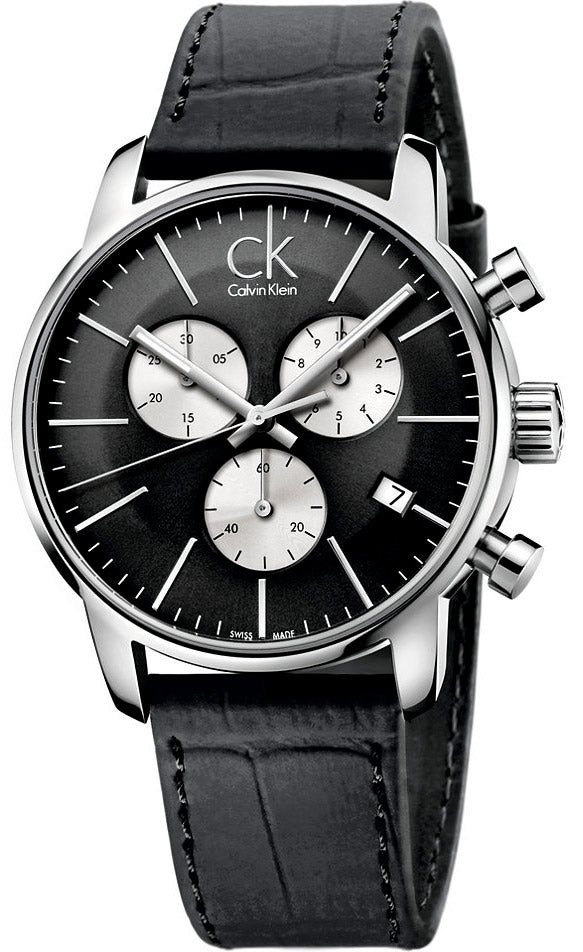 Calvin Klein City Chronograph watch with black dial and three subdials on black leather strap