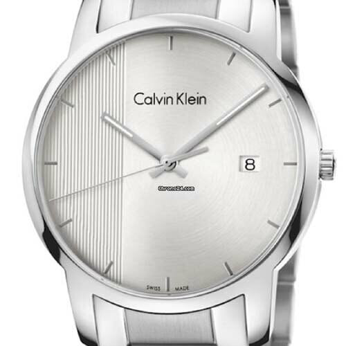 Calvin Klein City Chronograph dial close-up with silver finish and hour markers