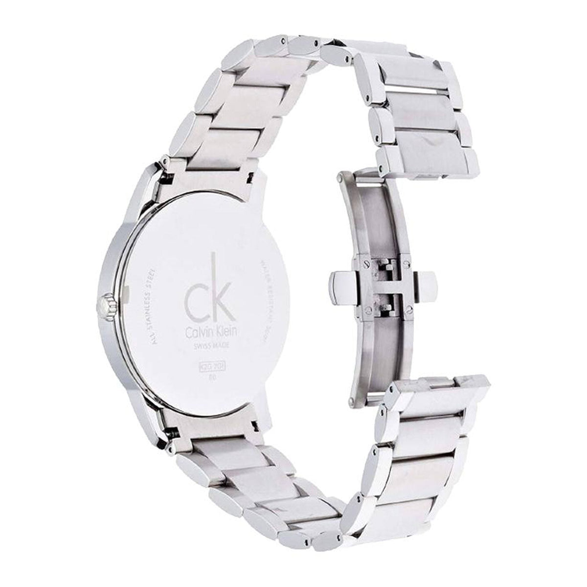 Case back of Calvin Klein City Date watch showing engraved branding and water resistance