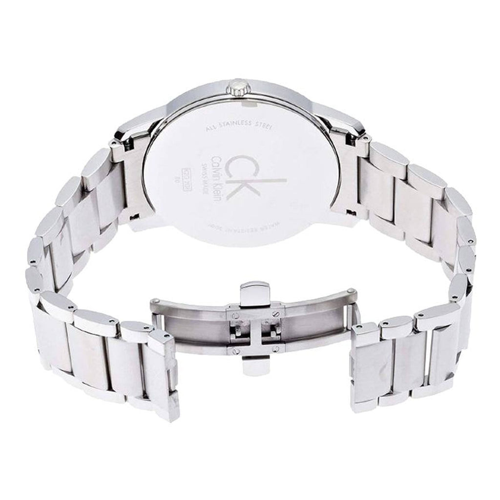 Back view of Calvin Klein City Date watch with stainless steel bracelet and case back detail