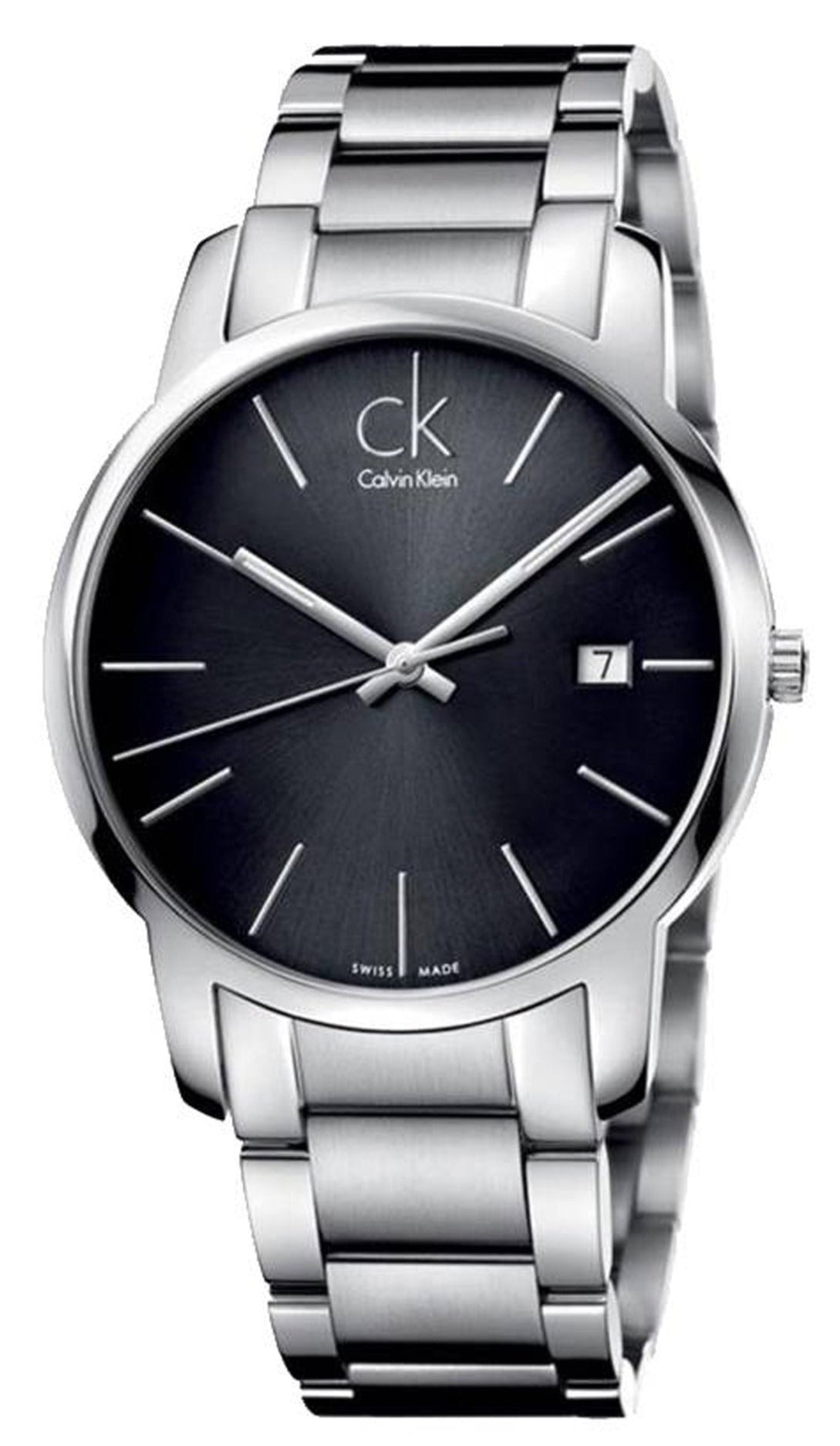 Calvin Klein City Date men's watch with black dial, silver steel bracelet, and date window