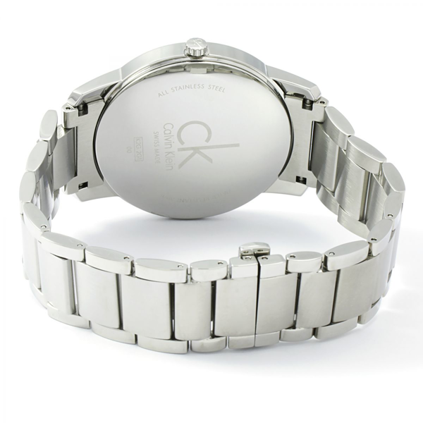 Stainless steel caseback engraved with Calvin Klein logo and model K2G2G14N