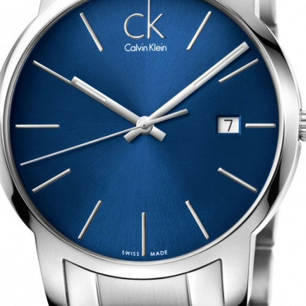 Blue dial with CK logo, white hour markers and hands, date window at 3 o'clock