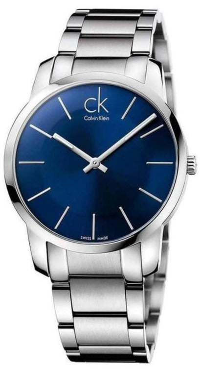 Calvin Klein City Date men's watch with blue dial and stainless steel bracelet