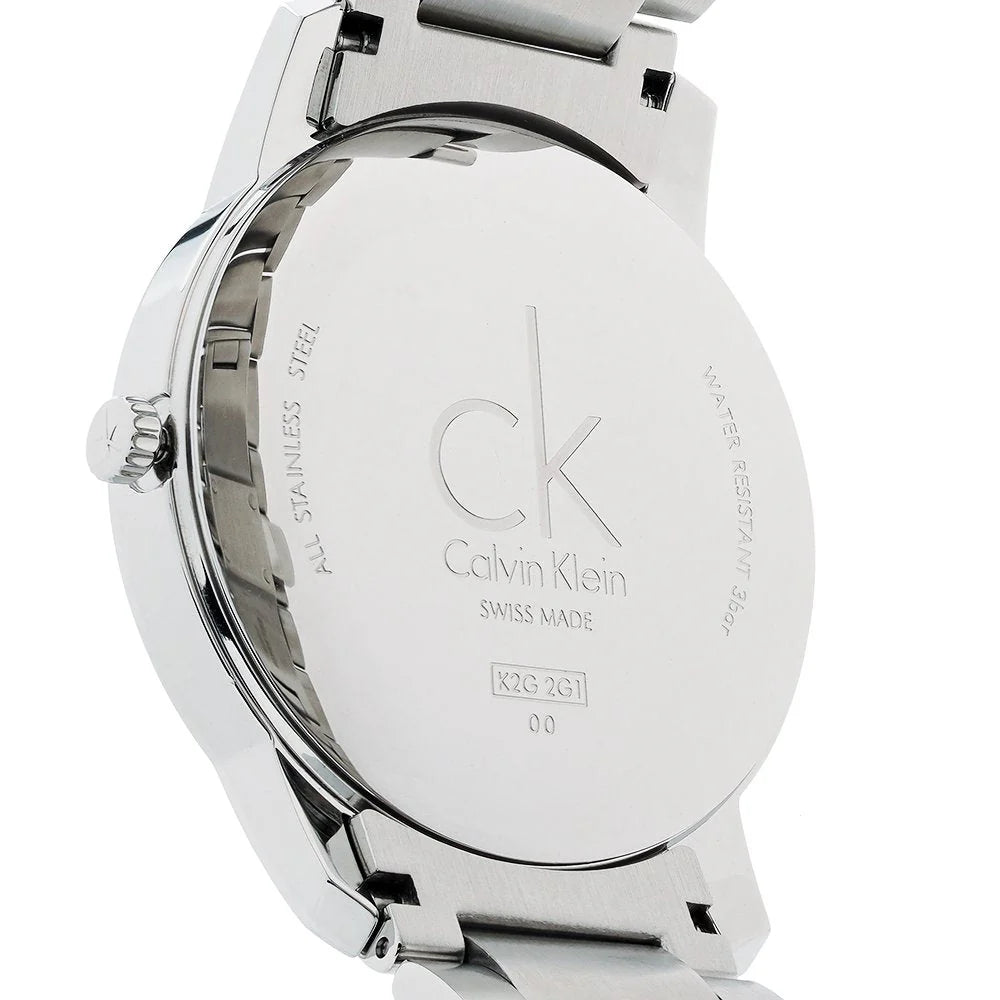 Side view of stainless steel case and bracelet with engraved caseback