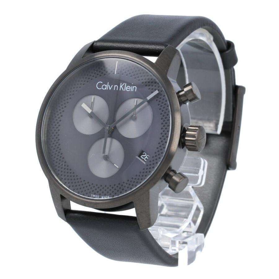 Calvin Klein City chronograph watch at angle showing blue-grey dial, case, and black leather strap