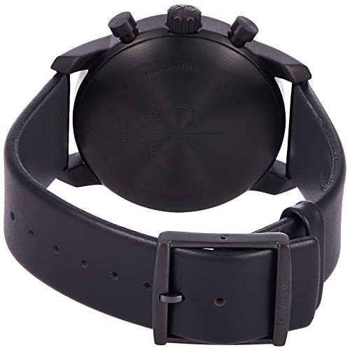 Calvin Klein City chronograph watch caseback showing black metal case and black leather strap