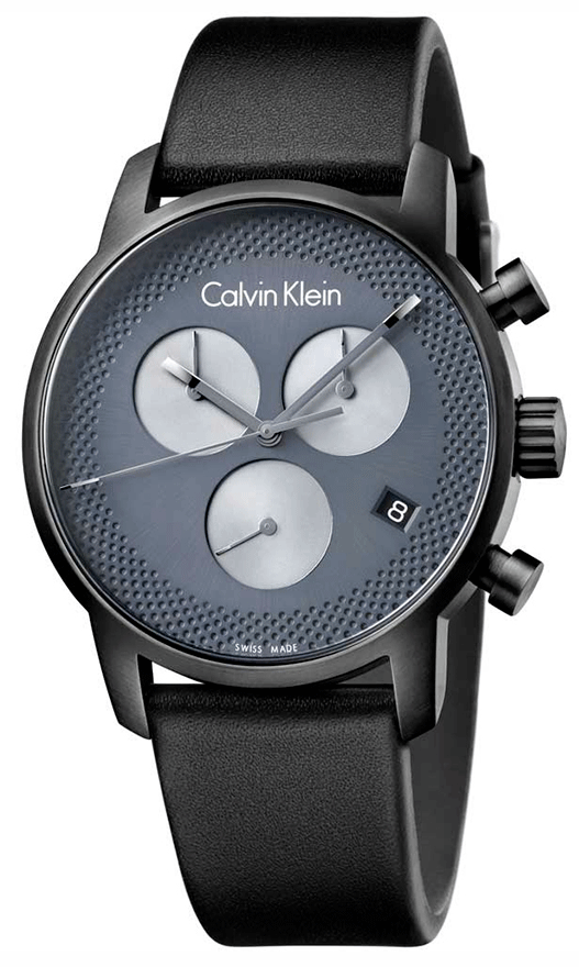 Calvin Klein City chronograph watch with grey dial and three subdials, black leather strap