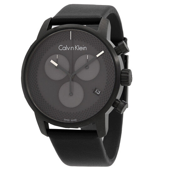 Calvin Klein City men's chronograph with dark grey dial and black leather band, front view