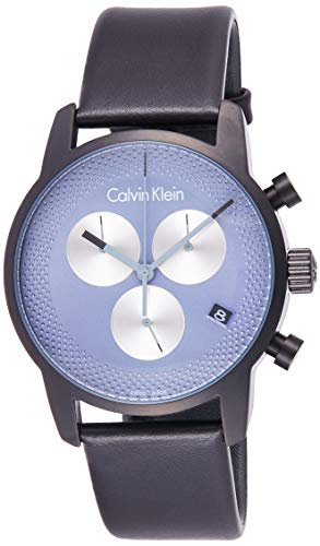 Calvin Klein City chronograph watch on wrist featuring blue-grey dial with white subdials