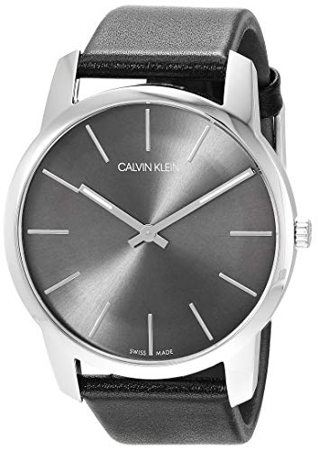 Calvin Klein City men's watch angled view showing silver case and black leather strap