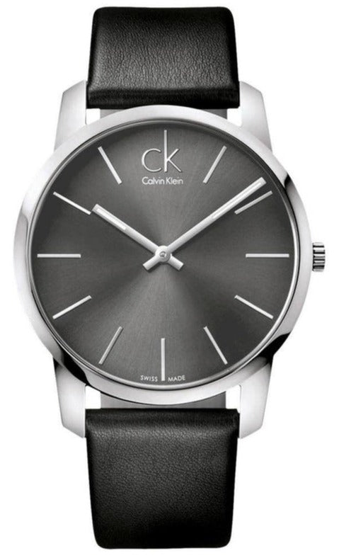 Calvin Klein City men's quartz watch with gray dial and black leather strap