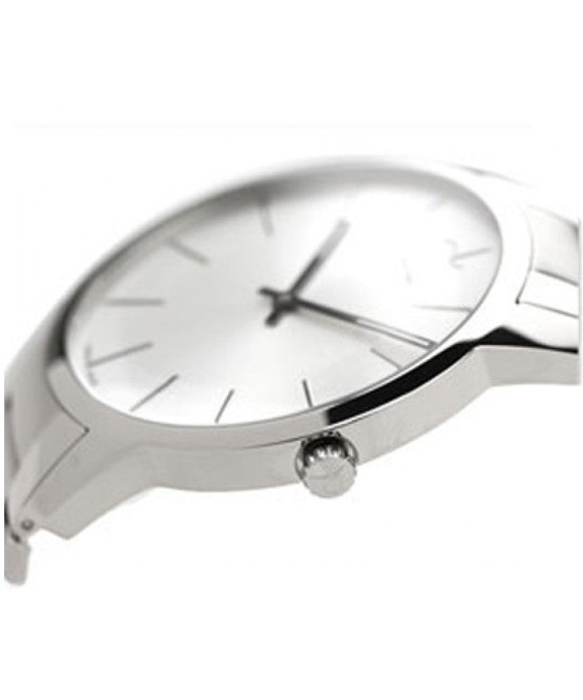 Side angle view of Calvin Klein City watch showing case profile and crown detail