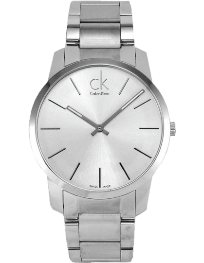 Front view of Calvin Klein City men's watch with silver sunburst dial and steel bracelet