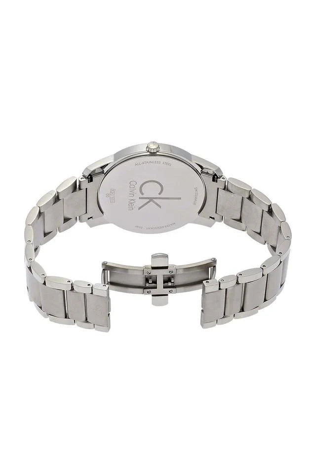 Back view of silver stainless steel bracelet and caseback with Calvin Klein logo