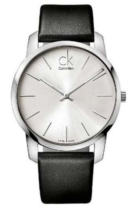 Calvin Klein City K2G211C6 quartz watch with silver dial and black leather strap