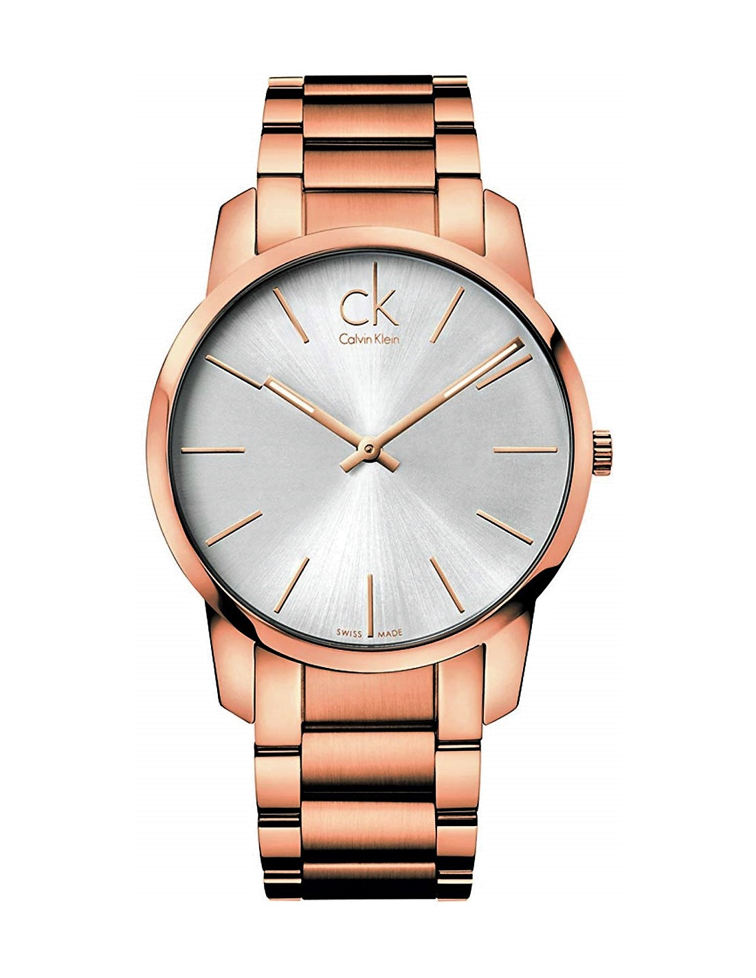 Calvin Klein City K2G21646 men's watch front view with rose gold case and white dial