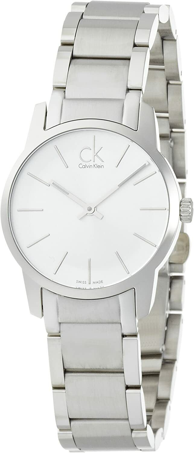 Calvin Klein City women's watch with angled view showing silver case and bracelet