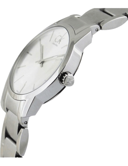 Calvin Klein City silver watch worn on wrist with minimalist dial design