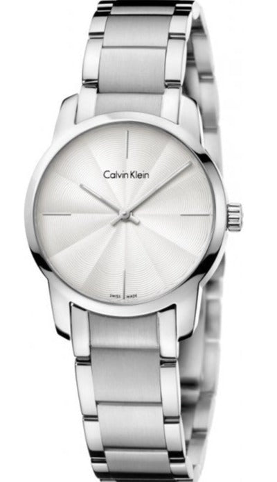 Calvin Klein City women's watch with white dial and silver steel bracelet strap