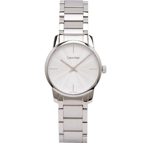Calvin Klein City white dial with minimalist hour markers and silver steel bracelet