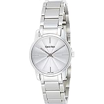 Calvin Klein City watch angled view showing white dial and silver steel case