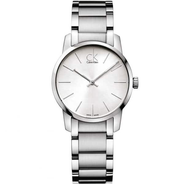Calvin Klein City women's watch front view with silver dial and metal bracelet