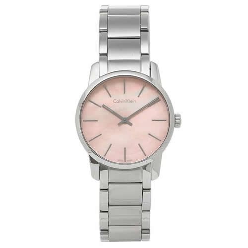 Front view of Calvin Klein City watch displaying pink mother-of-pearl face with silver markers