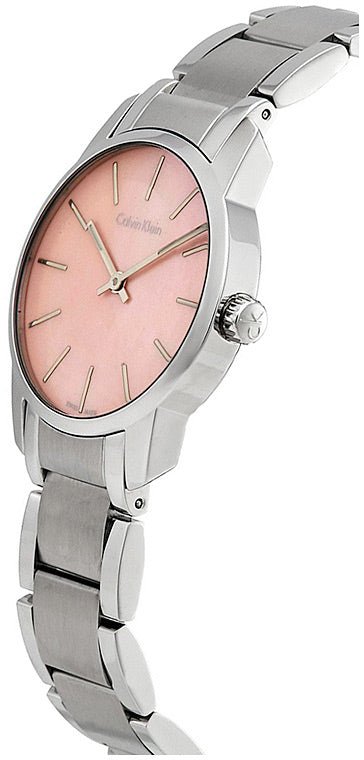Side profile of Calvin Klein City ladies watch with stainless steel case and bracelet