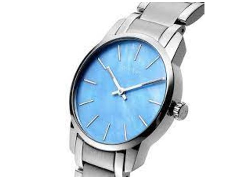 Calvin Klein City K2G2314X angled view showing light blue dial and steel strap