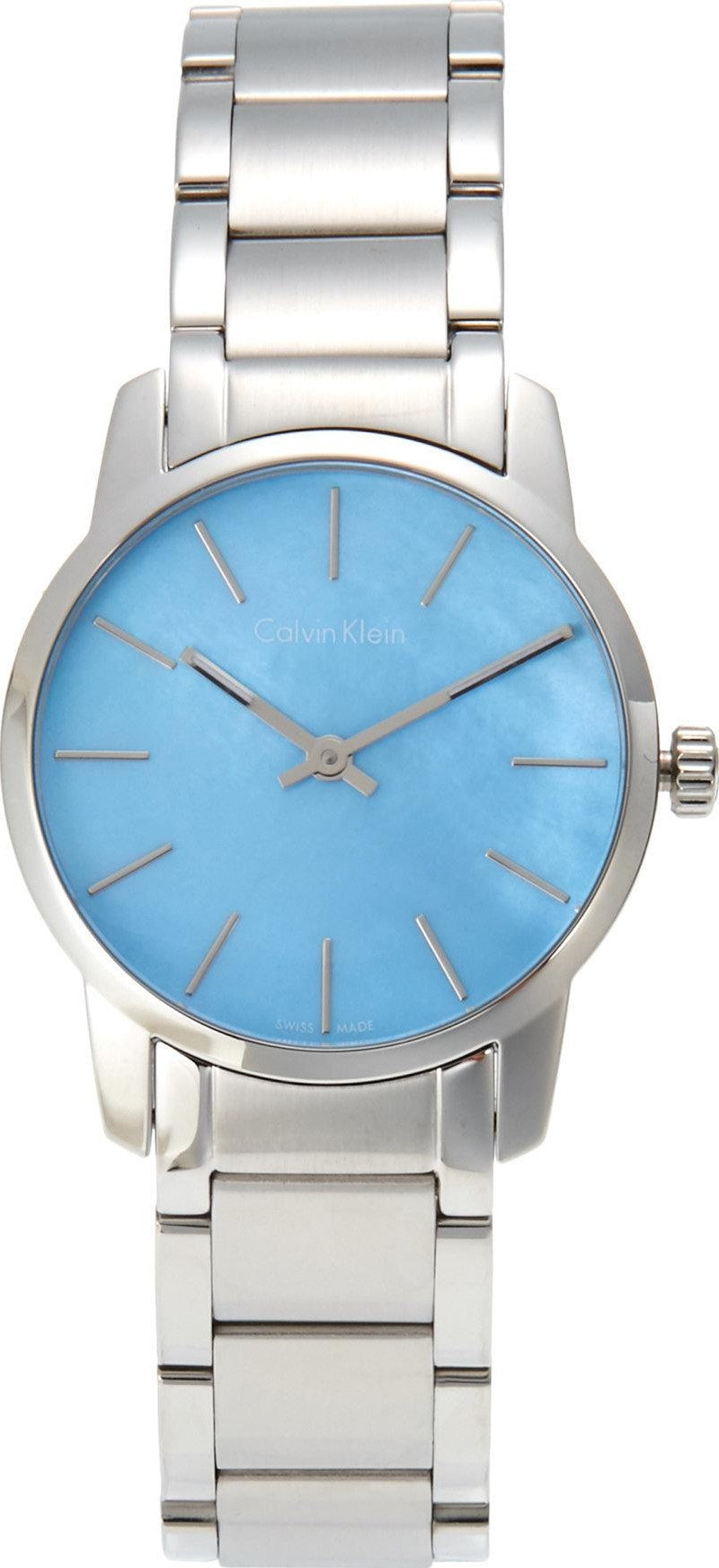 Calvin Klein City watch with light blue mother of pearl dial and stainless steel bracelet