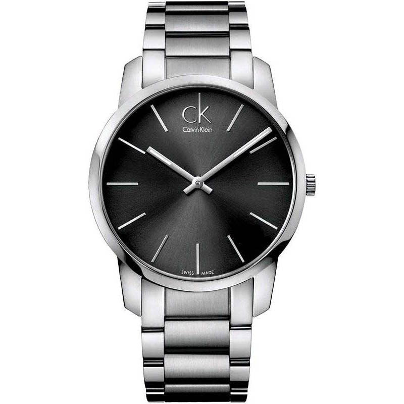 Calvin Klein City K2G23161 watch angled view showing grey dial and steel bracelet